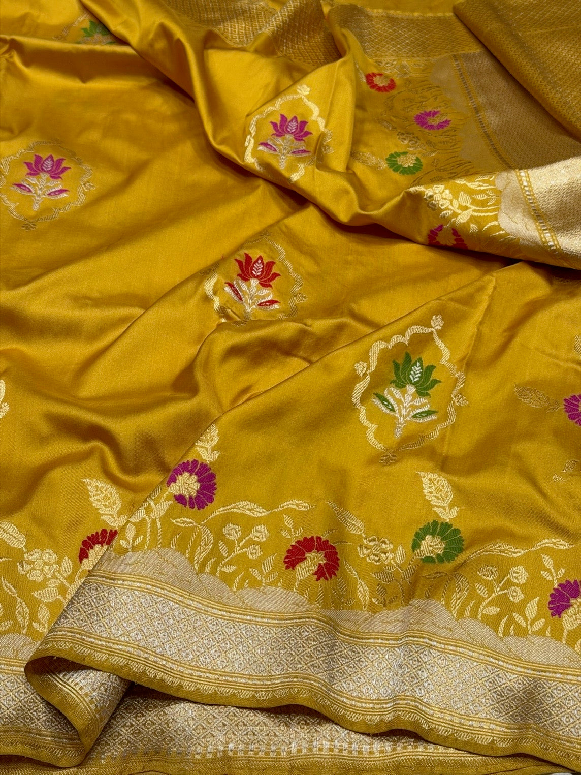 Mustard Yellow Pure Banarasi Katan Silk Saree – Handwoven Kadwa Booti
