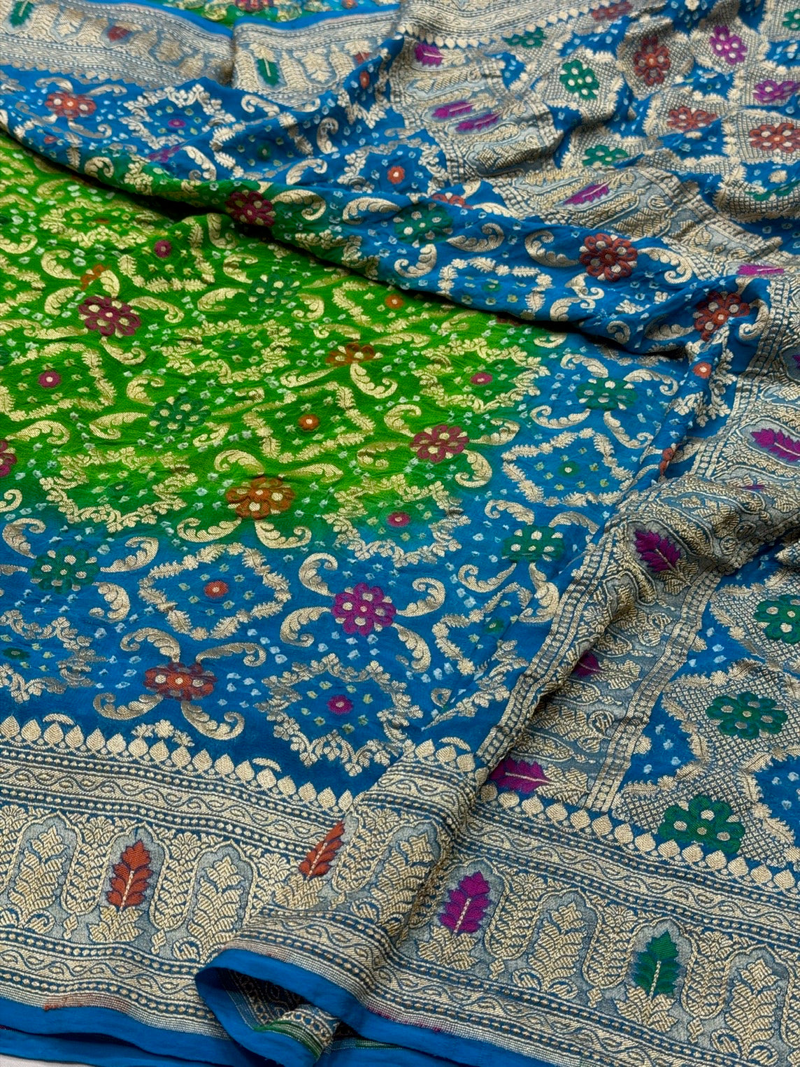 Sky Blue Banarasi Pure Bandhej Georgette Saree – Luxury Cutwork Brocade Festive Saree