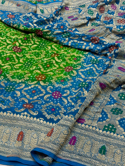 Sky Blue Banarasi Pure Bandhej Georgette Saree – Luxury Cutwork Brocade Festive Saree