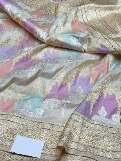 Ivory Handwoven Pure Banarasi Rangkaat Silk Saree – Pure Katan Silk