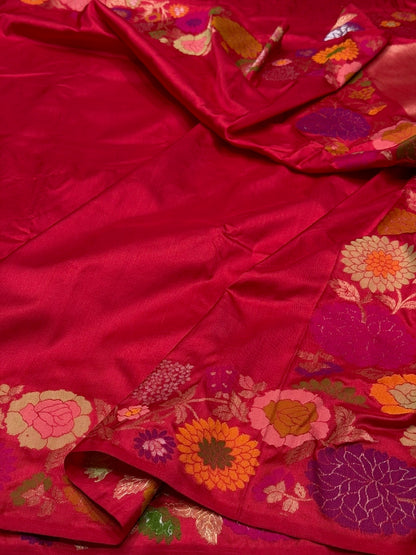 Red Pure Banarasi Ektara Silk Saree – Handwoven Kadwa Booti