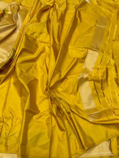 Mustard Yellow Handwoven Pure Banarasi Katan Silk Saree – Kadwa Weave | Traditional Kadiyal Border | 100% Pure Mulberry Silk