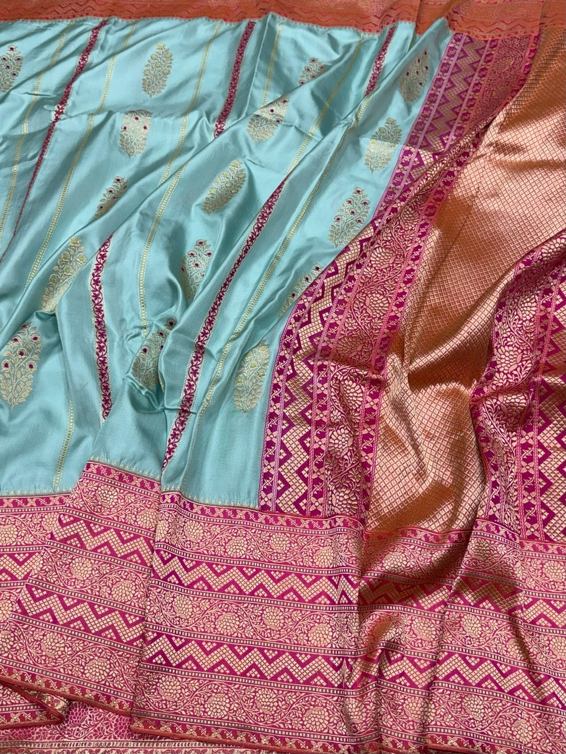 Sky Blue Pure Banarasi Katan Silk Saree – Handwoven Kadwa Booti