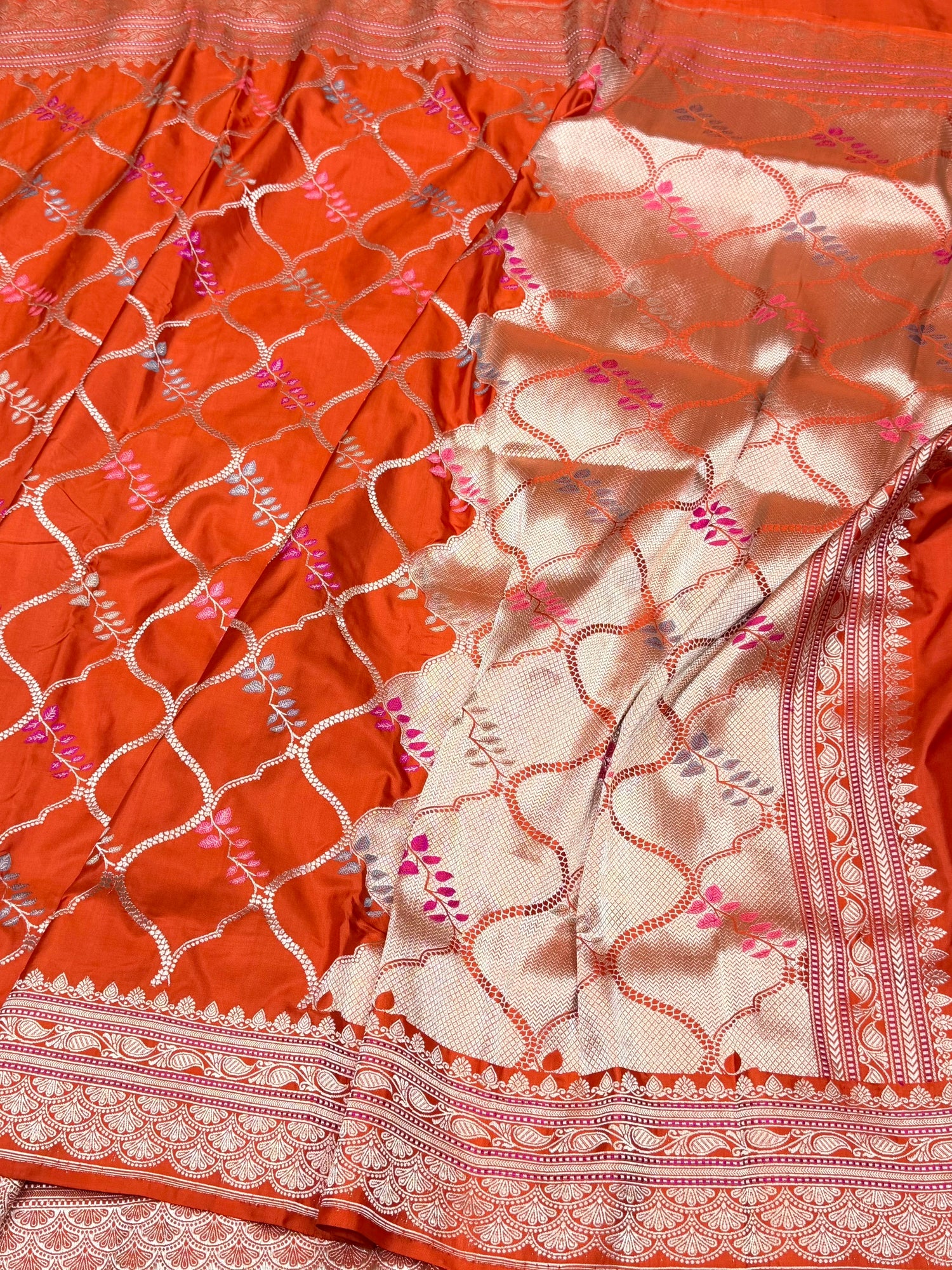 Orange Handwoven Pure Banarasi Silk Saree – Kadwa Katan Mulberry Silk | Authentic Banaras Handloom