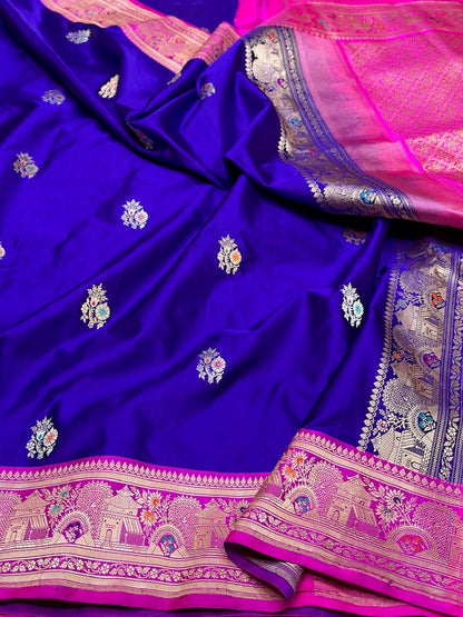 Royal Blue Handwoven Pure Banarasi Satin Silk Saree – Authentic Kadwa Weave
