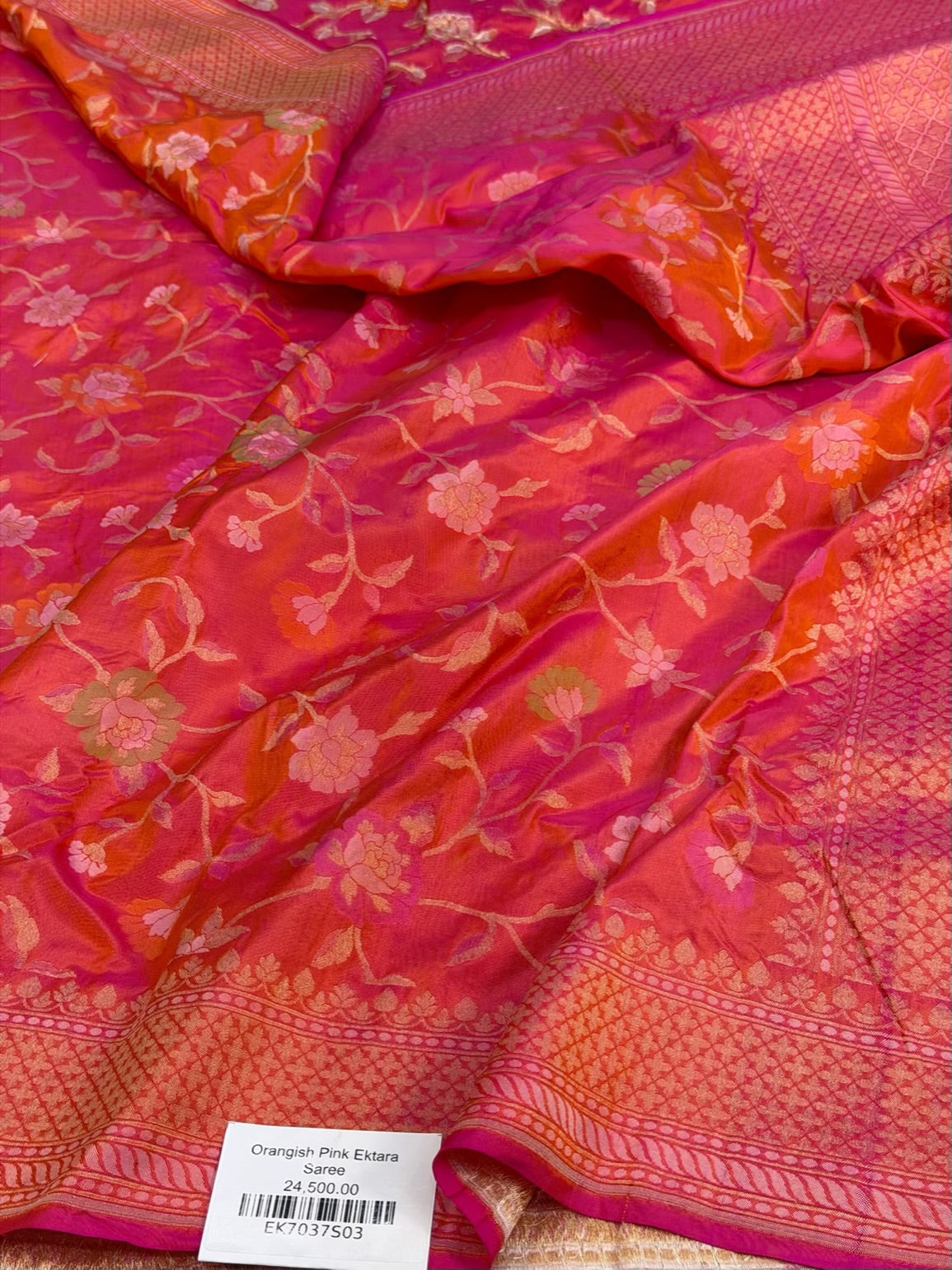 Orangish Pink Handwoven Pure Banarasi Ektara Silk Saree