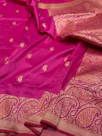 Rani Pink Handwoven Pure Banarasi Silk Saree in Kadwa Weave | Authentic Katan Mulberry Silk