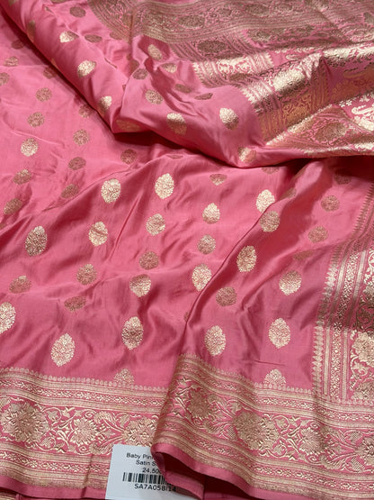 Baby Pink Handwoven Vintage Pure Banarasi Satin Silk Saree