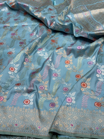 Sky Blue Handwoven Pure Banarasi Silk Saree in Kadwa Weave | Authentic Katan Mulberry Silk