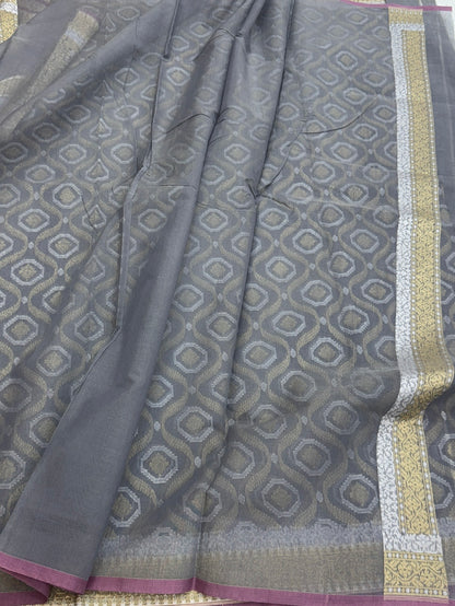 Ash Grey Banarasi Pure Cotton Saree