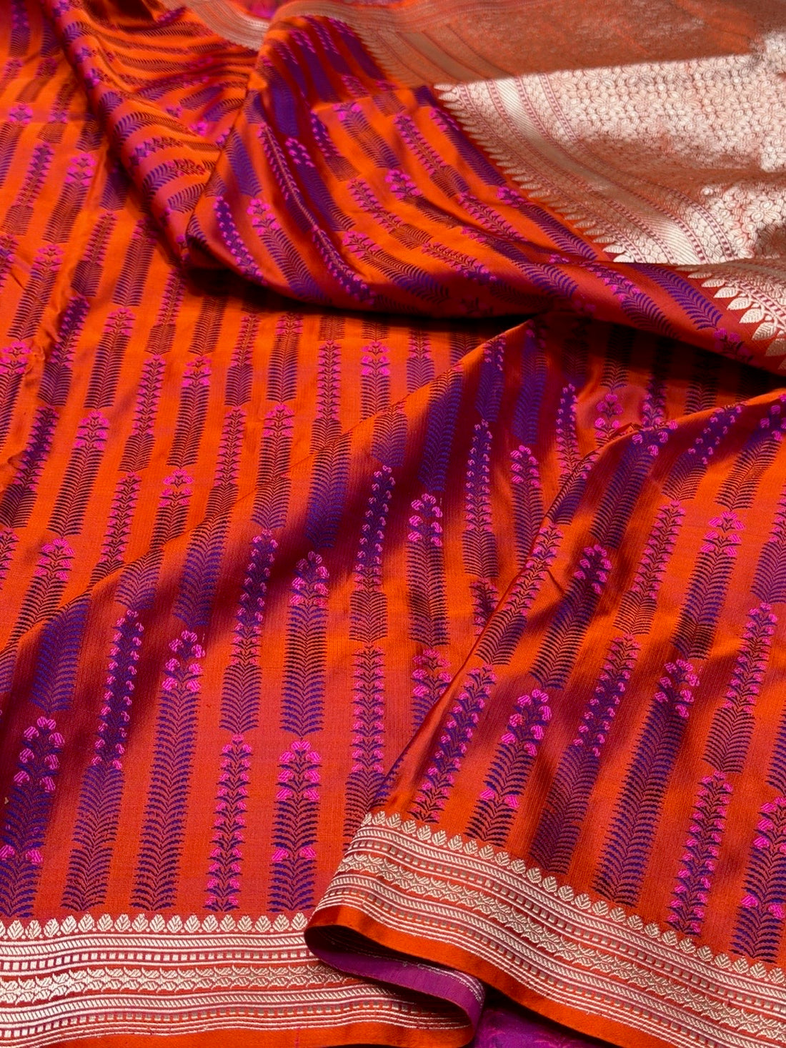 Orange Handwoven Pure Banarasi Satin Tanchoi Silk Saree