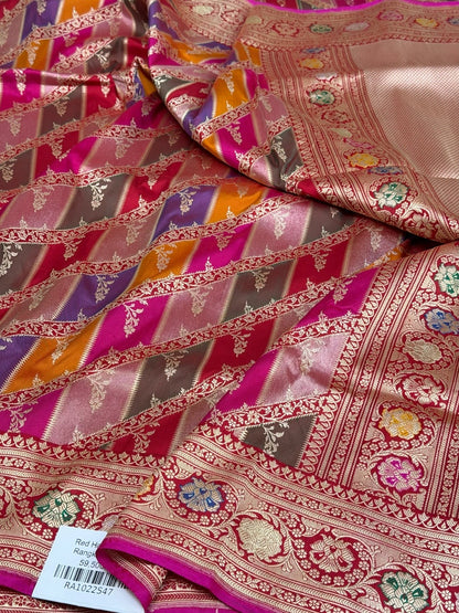 Rani Pink Handwoven Pure Banarasi Rangkaat Silk Saree – Pure Katan Silk Rangkaat Technique