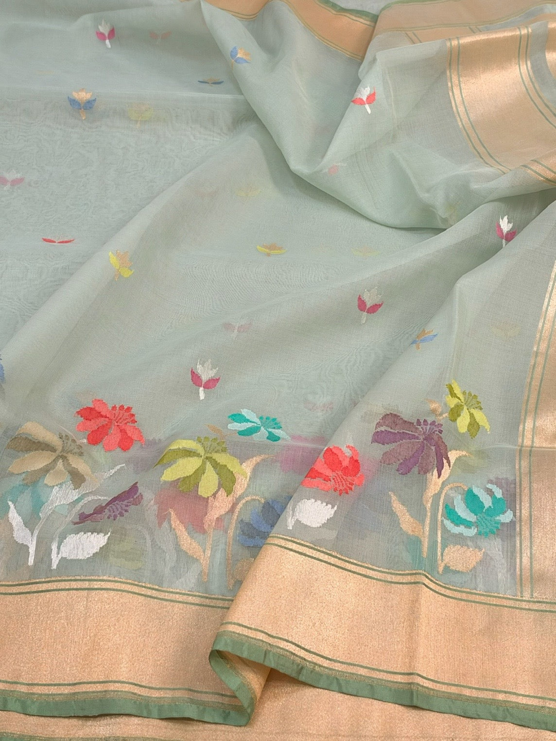 Sea Green Handwoven Pure Banarasi Kora Jamdani Silk Saree