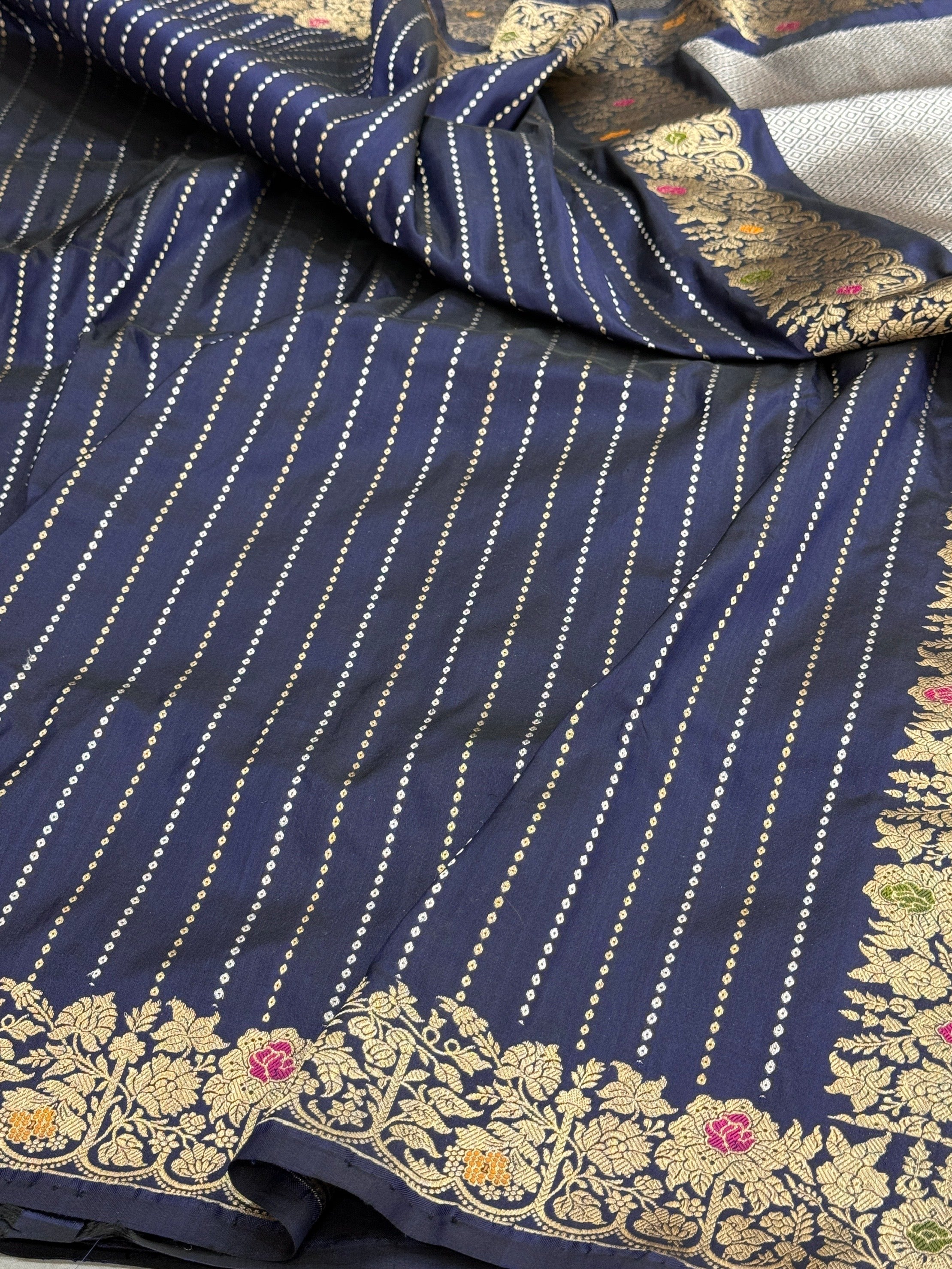 Navy Blue Handwoven Pure Banarasi Silk Saree | Pure Katan Silk | Kadwa Weave | HMR Handlooms