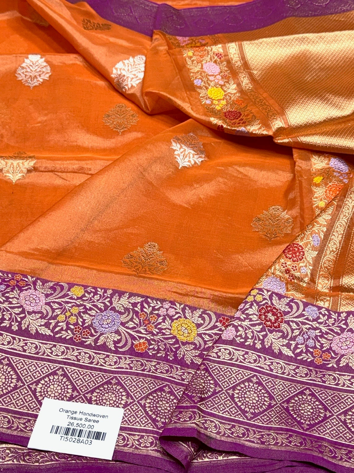 Orange Handwoven Pure Banarasi Tissue Saree