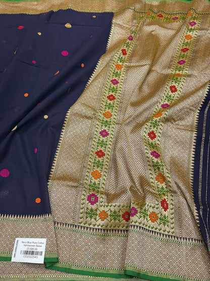 Navy Blue Handwoven Banarasi Pure Cotton Saree