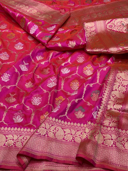Rani Pink Handwoven Pure Banarasi Silk Saree – Kadwa Weave in 100% Katan Mulberry Silk