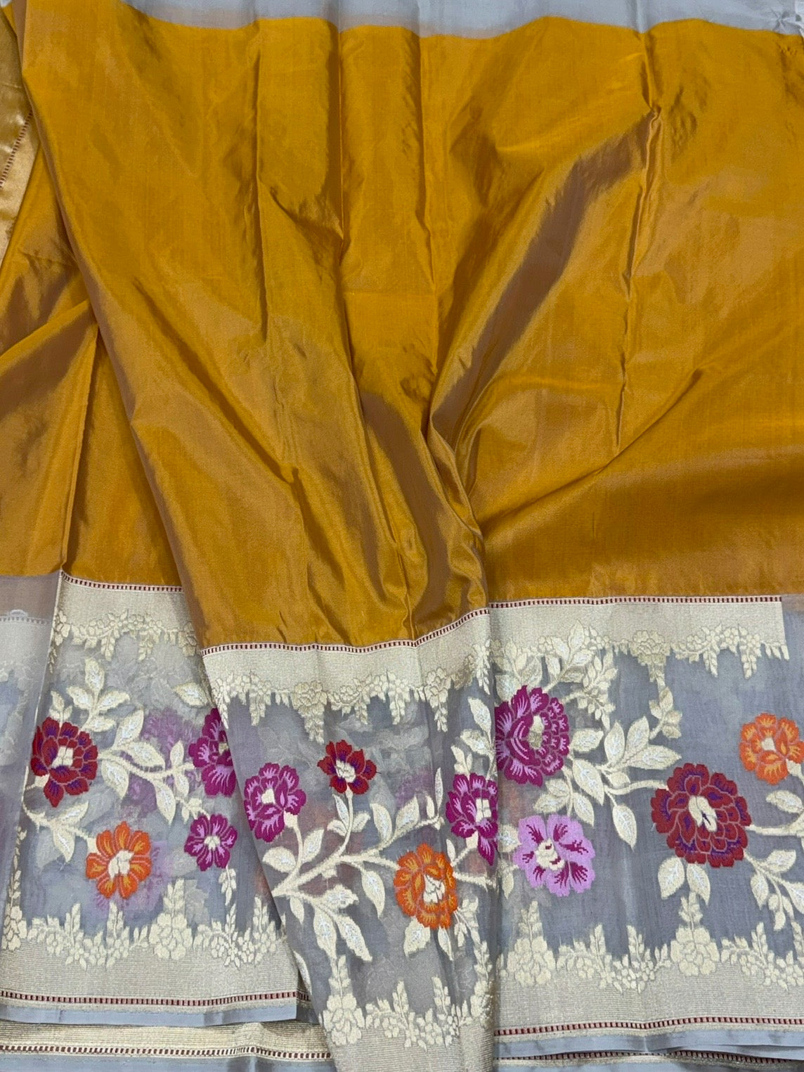 Mustard Yellow Handwoven Pure Banarasi Katan Silk Saree – Kadwa Iktara Weave, Organza Skirt Border Pure Mulberry Silk