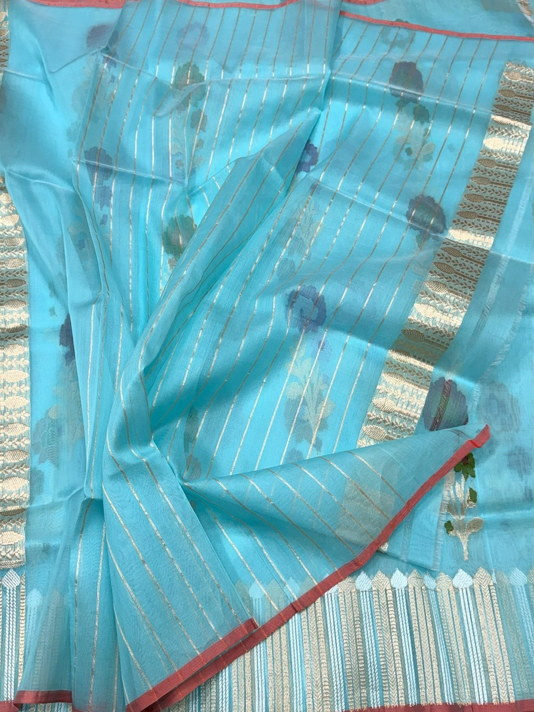 Sea Blue Handwoven Pure Organza Jamdani Saree