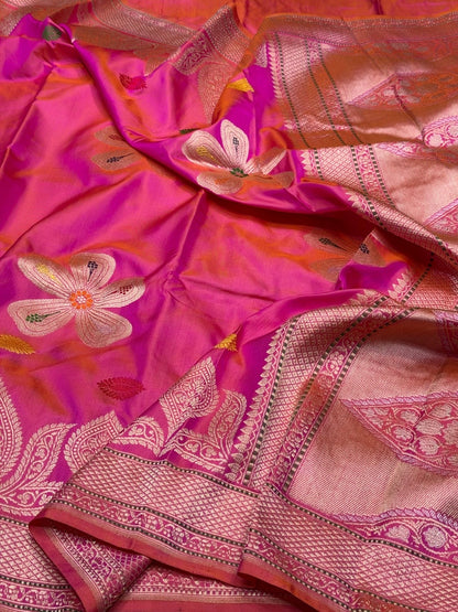Orangish Pink Handwoven Pure Banarasi Ektara Silk Saree – Kadwa Iktara Weave, Pure Mulberry Silk