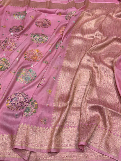 Baby Pink Handwoven Pure Tussar Georgette Saree