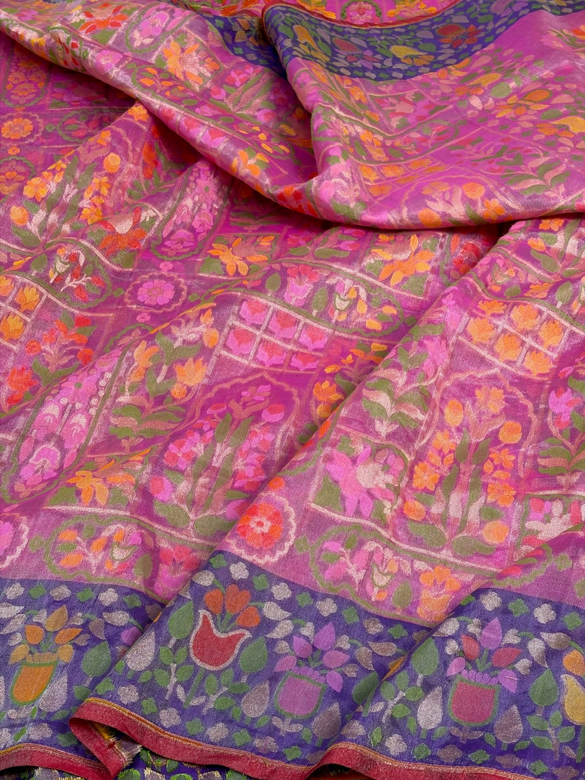 Gajiri Pink Banarasi Pure Kora Jamdani Saree