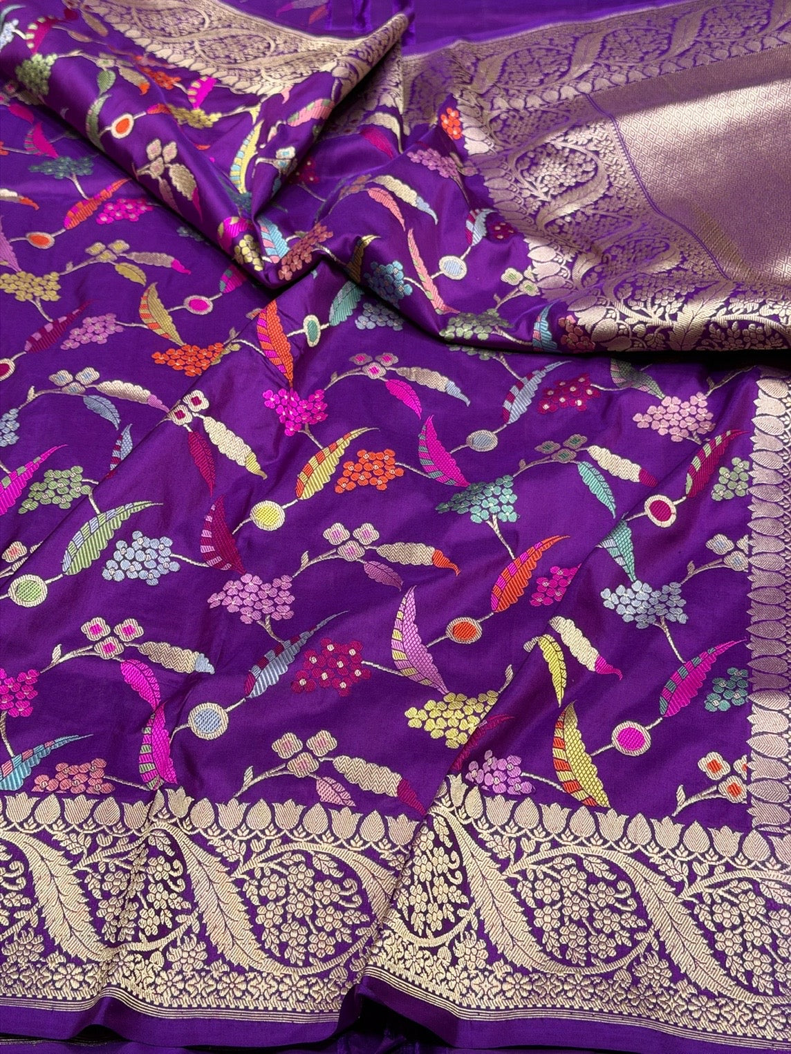 Purple Handwoven Pure Banarasi Silk Saree – Kadwa Weave in 100% Katan Mulberry Silk