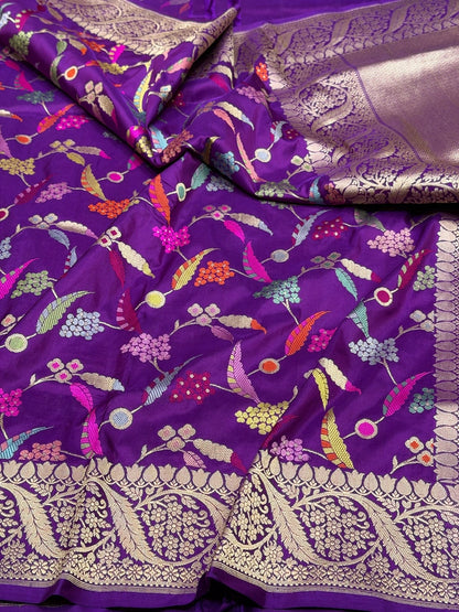 Purple Handwoven Pure Banarasi Silk Saree – Kadwa Weave in 100% Katan Mulberry Silk