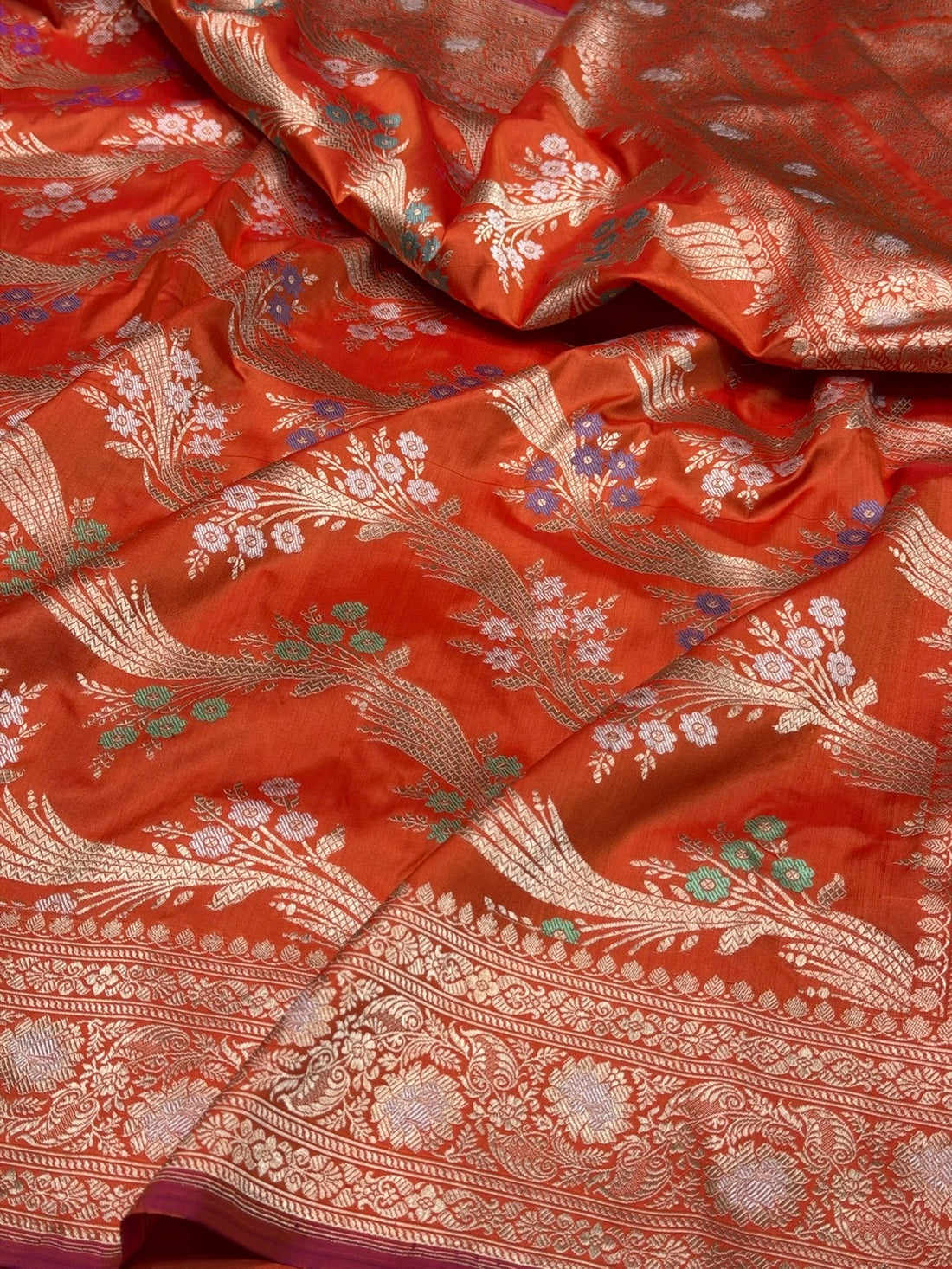 Orange Handwoven Pure Banarasi Silk Saree in Kadwa Weave | Authentic Katan Mulberry Silk