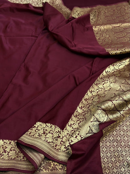 Wine Handwoven Pure Banarasi Satin Silk Saree