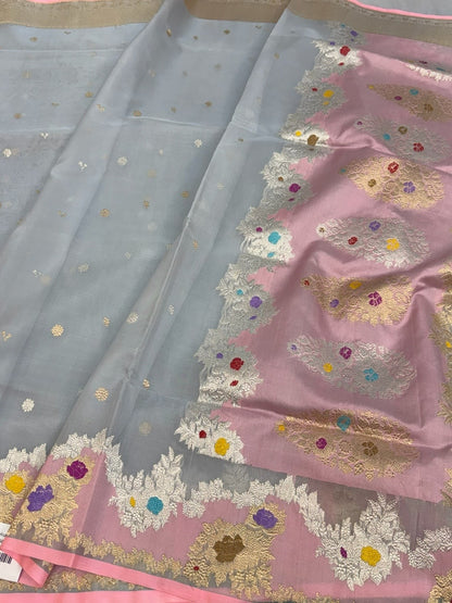 Powder Blue Handwoven Pure Organza Silk Saree