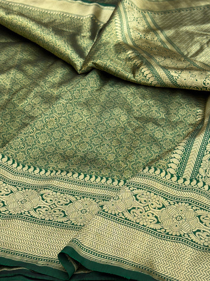 Bottle Green Pure Banarasi Silk Brocade Saree in Katan Mulberry Silk – Classic Banaras Weave