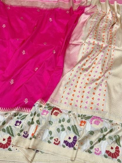 Rani Pink Handwoven Pure Banarasi Silk Saree