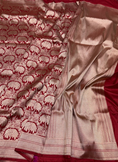 Red Banarasi Pure Silk Brocade Saree | Luxurious Katan Silk with Intricate Weave