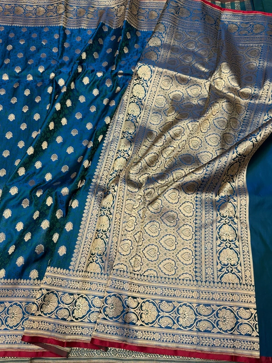 Peacock Blue Handwoven Vintage Pure Banarasi Satin Silk Saree