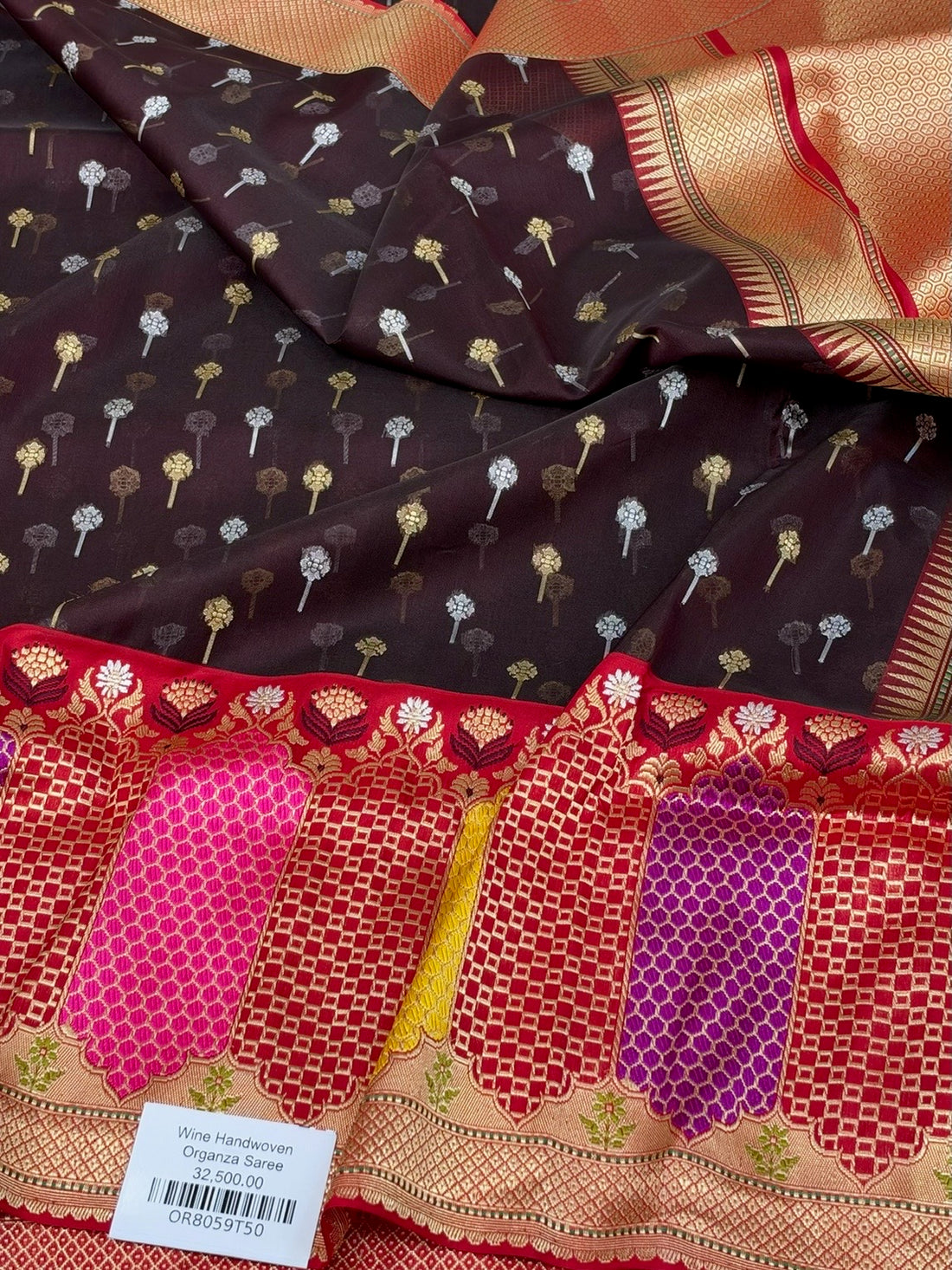 Wine Handwoven Pure Banarasi Organza Silk Saree