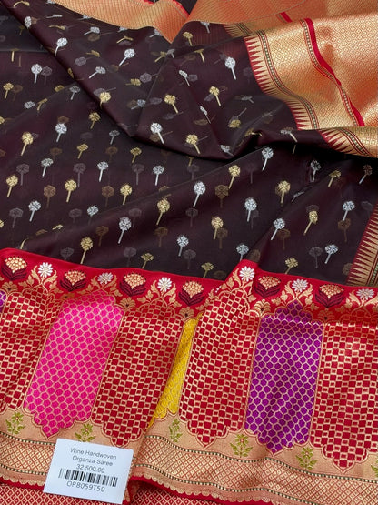 Wine Handwoven Pure Banarasi Organza Silk Saree