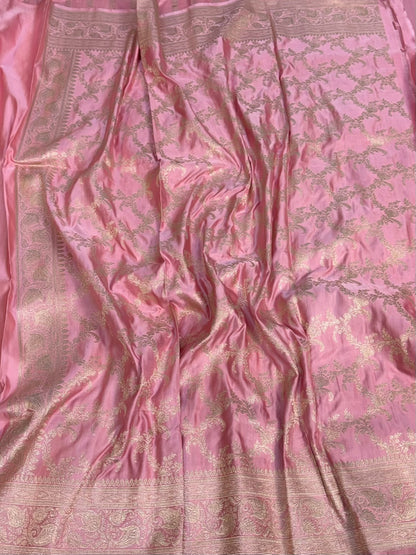 Baby Pink Handwoven Pure Banarasi Satin  Silk Saree