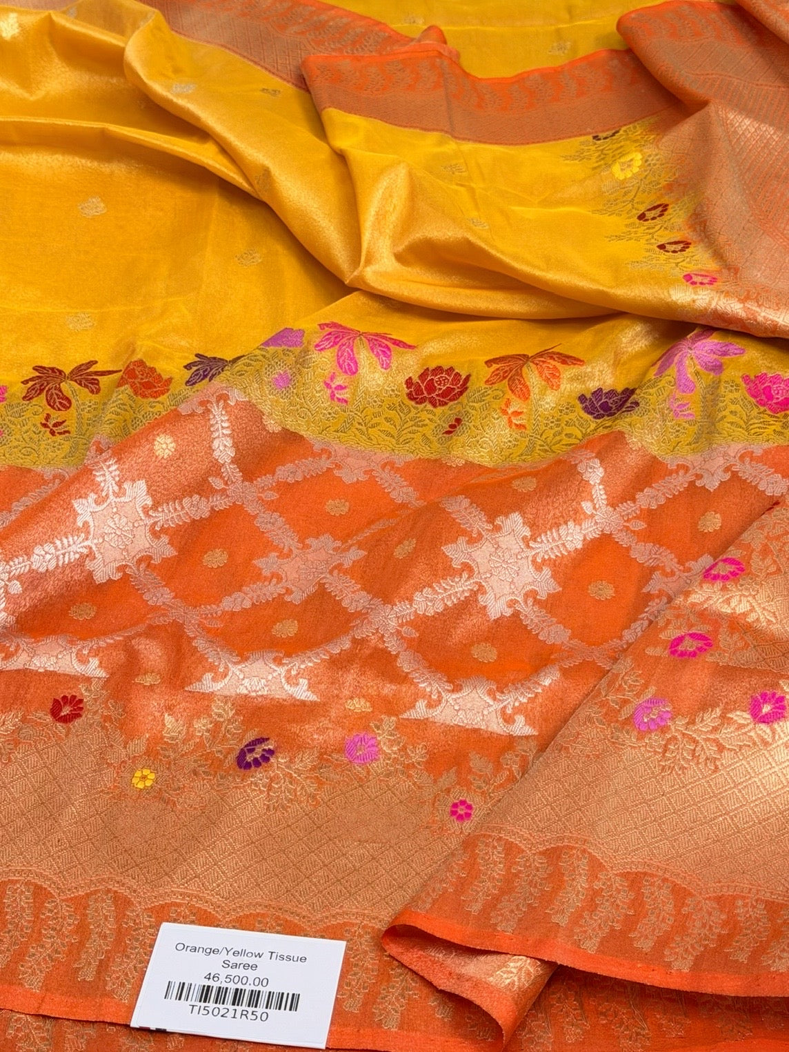 Yellow / Orange Handwoven Banarasi Pure Katan Tissue Saree