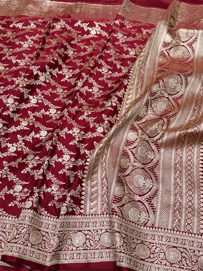 Maroon Handwoven Vintage Pure Banarasi Satin Silk Saree