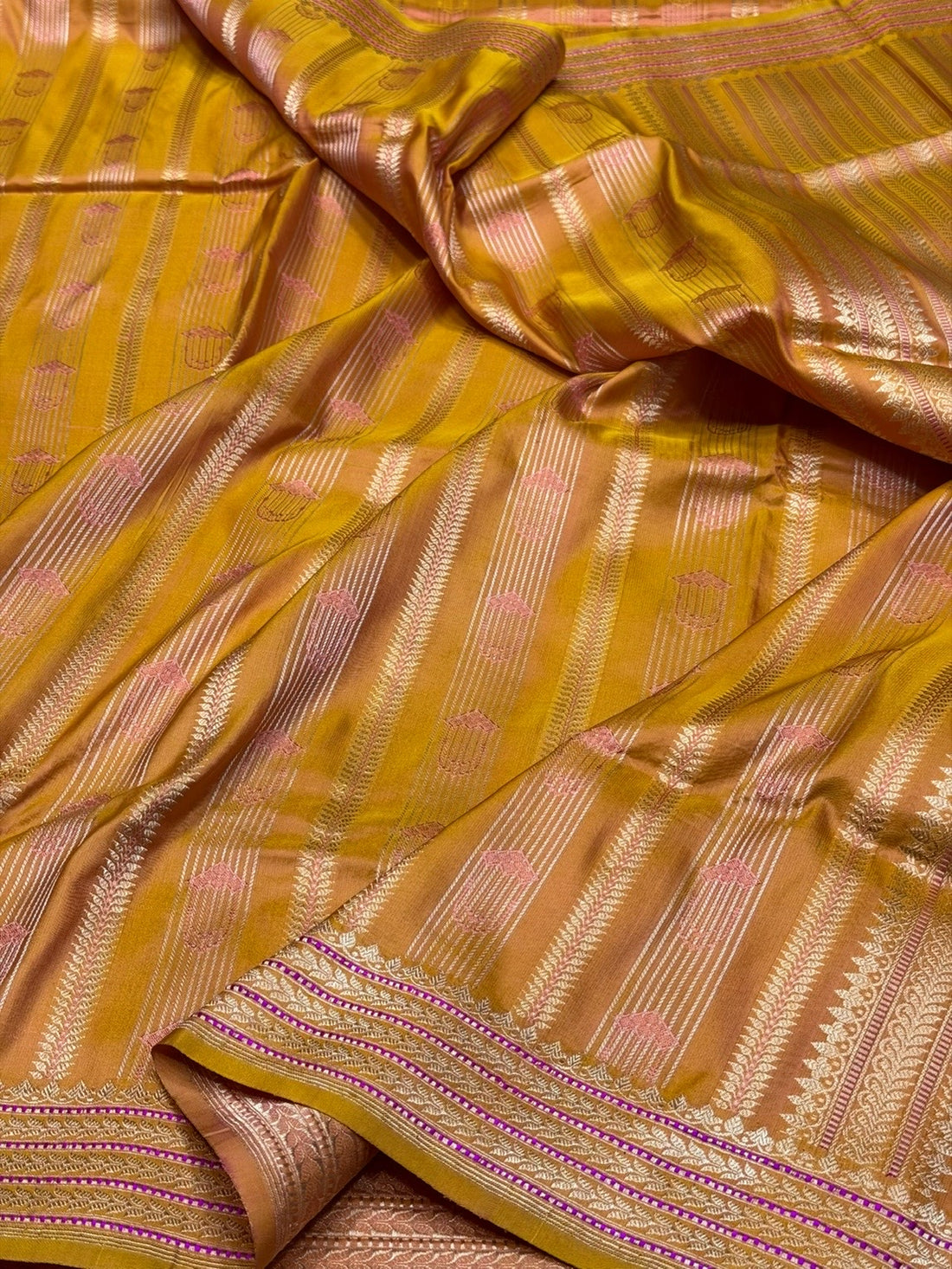 Mustard Yellow Handwoven Pure Banarasi Satin Silk Saree – Kadwa Weave &amp; Lustrous Satin Finish
