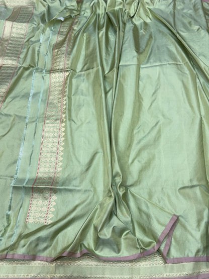 Pista Green Handwoven Pure Banarasi Silk Saree – Kadwa Weave in 100% Katan Mulberry Silk