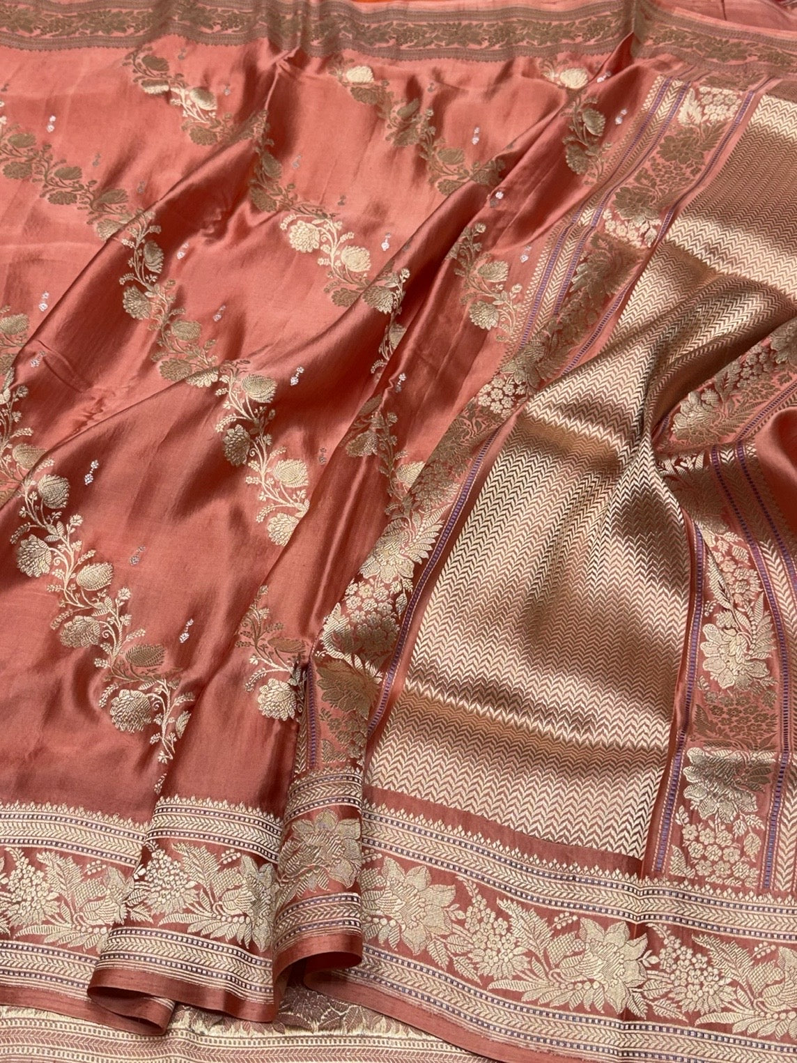 Peach Handwoven Pure Mashru Banarasi Satin Silk Saree – Kadwa Weave | Authentic Banaras Handloom