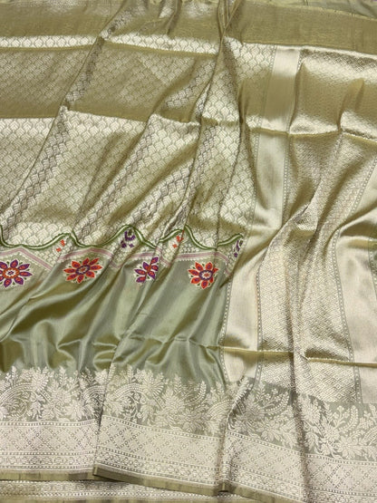 Olive Green Handwoven Pure Banarasi Silk Kadwa Saree – 100% Pure Katan Mulberry Silk Brocade