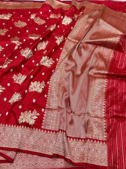 Red Handwoven Pure Banarasi Silk Saree | Kadwa Katan Mulberry Silk