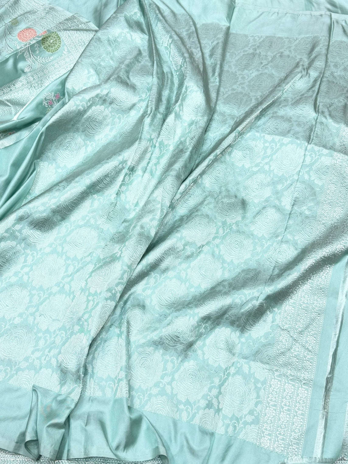 Sea Blue Handwoven Pure Banarasi Ektara Silk Saree – Kadwa Iktara Weave, Pure Mulberry Silk