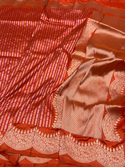 Orange Handwoven Banarasi Scallop Border Katan Silk Saree – Luxury Kadwa Handloom Wedding &amp; Festive Saree