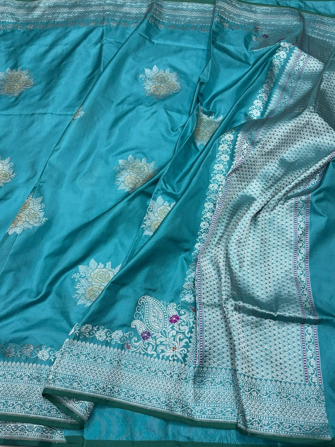Sea Blue Handwoven Pure Banarasi Ektara Silk Saree