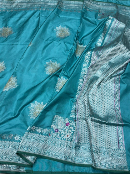 Sea Blue Handwoven Pure Banarasi Ektara Silk Saree