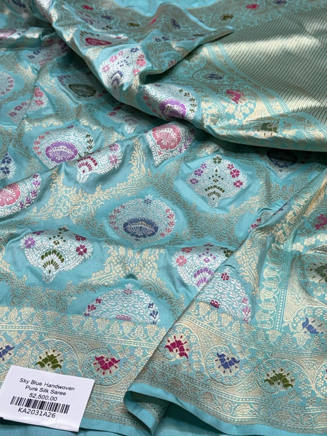 Sky Blue Handwoven Pure Banarasi Silk Saree in Kadwa Weave